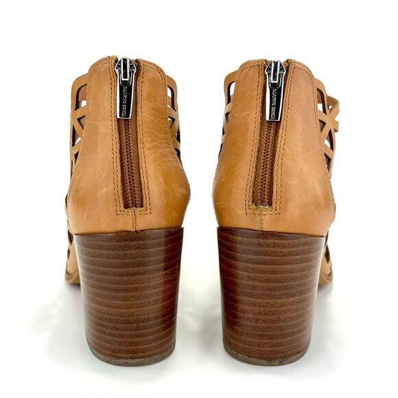 Vince Camuto Open Toe Bootie Sz 10 Tan/Brown Cut-Out Leather Stacked Block Heel - Picture 5 of 16